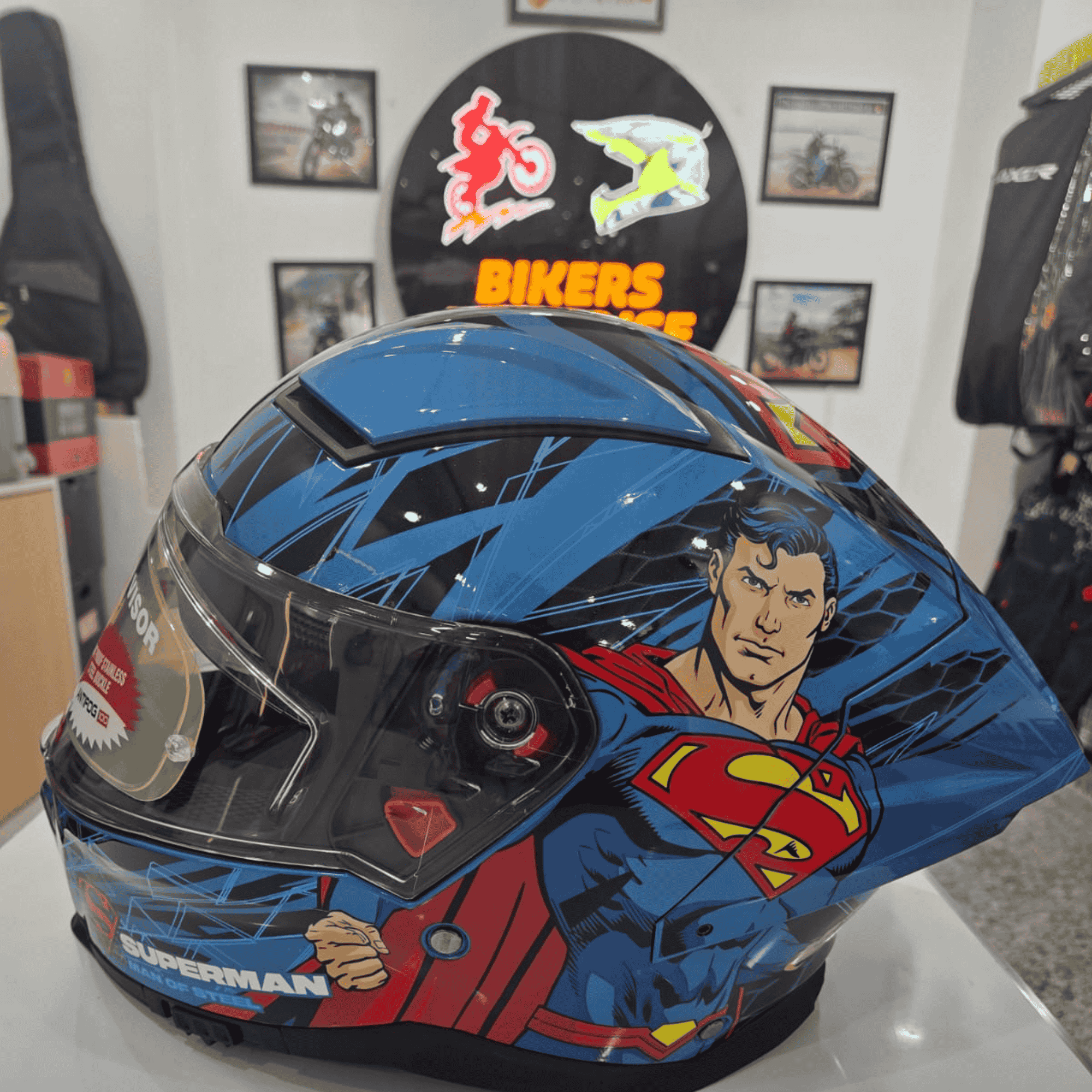 Studds Helios (Dual Visor) Superman Edition Full Face Helmet – Blue Graphic