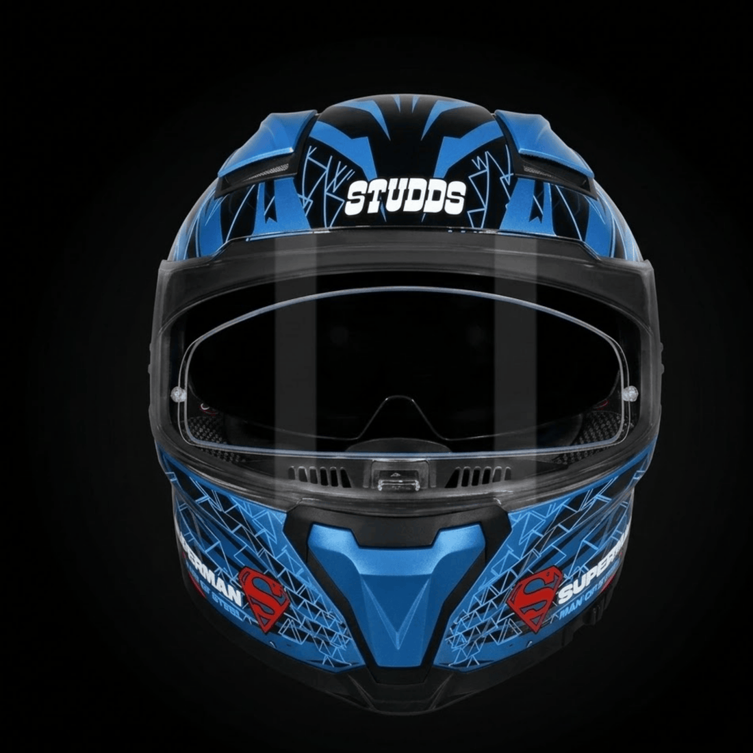 Studds Helios (Dual Visor) Superman Edition Full Face Helmet – Blue Graphic